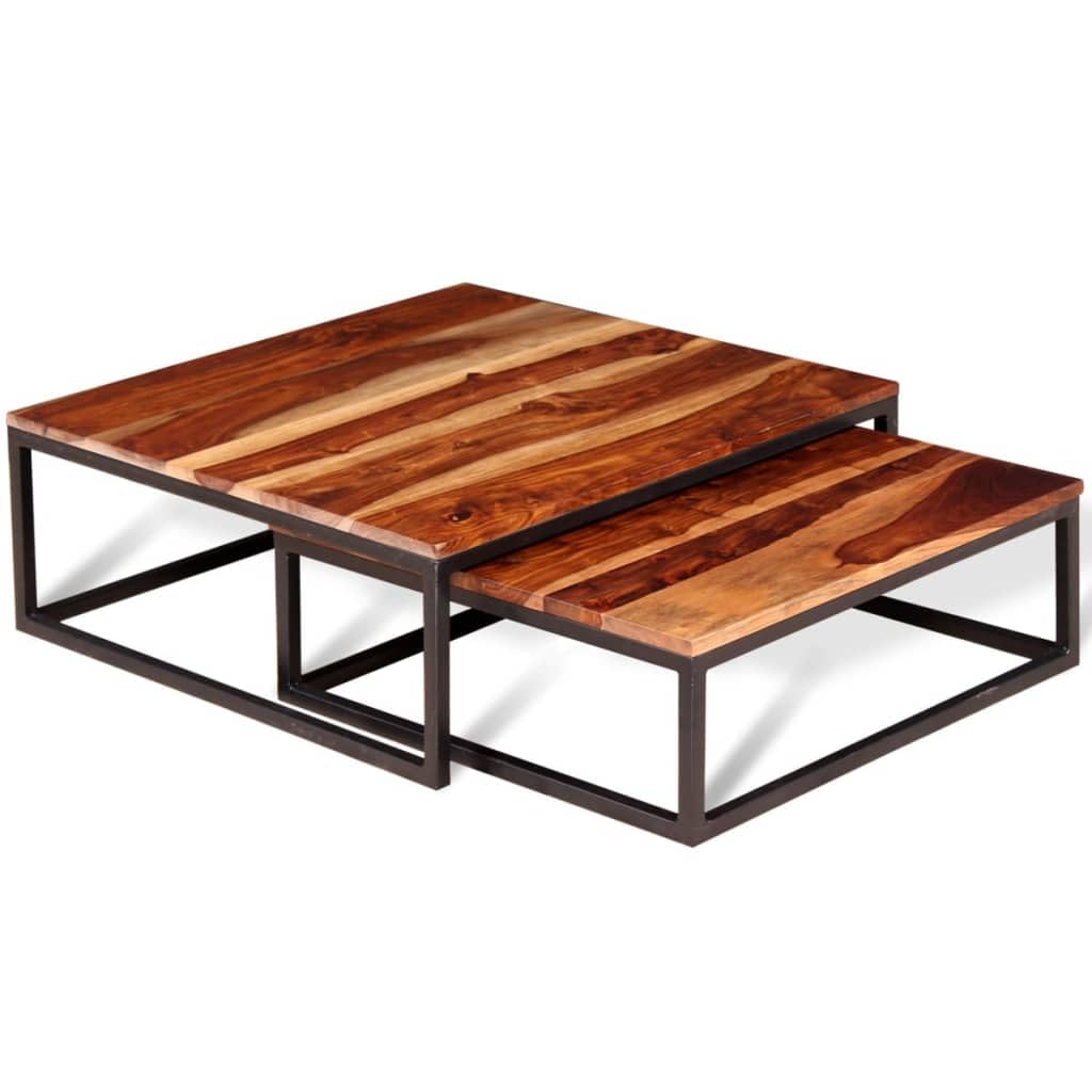 Solid Sheesham Wood Nesting Coffee Table Set with Metal Frame Y7854