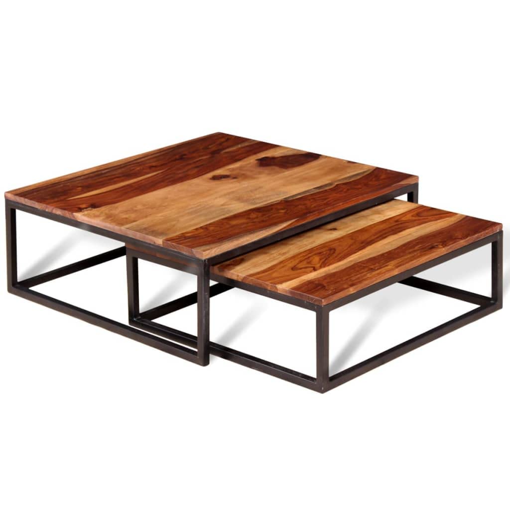 Solid Sheesham Wood Nesting Coffee Table Set with Metal Frame Y7854