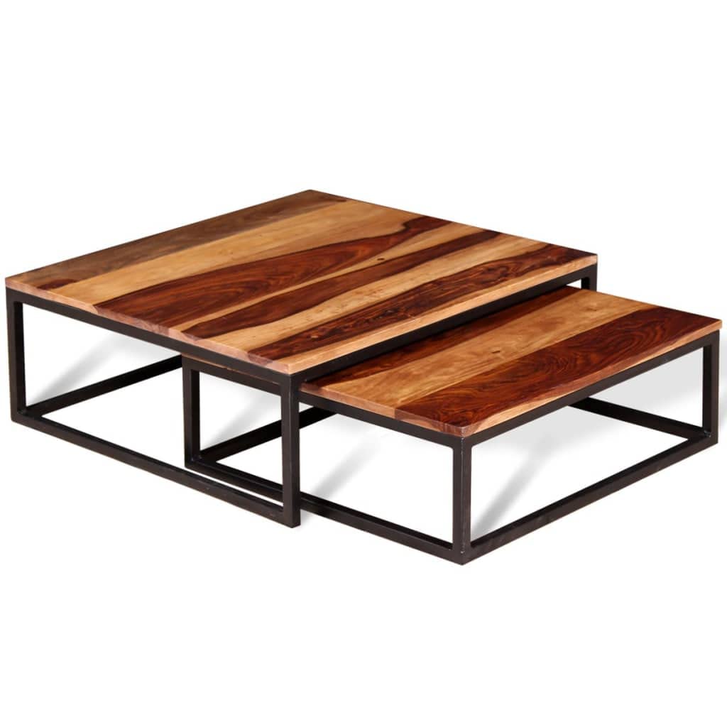 Solid Sheesham Wood Nesting Coffee Table Set with Metal Frame Y7854