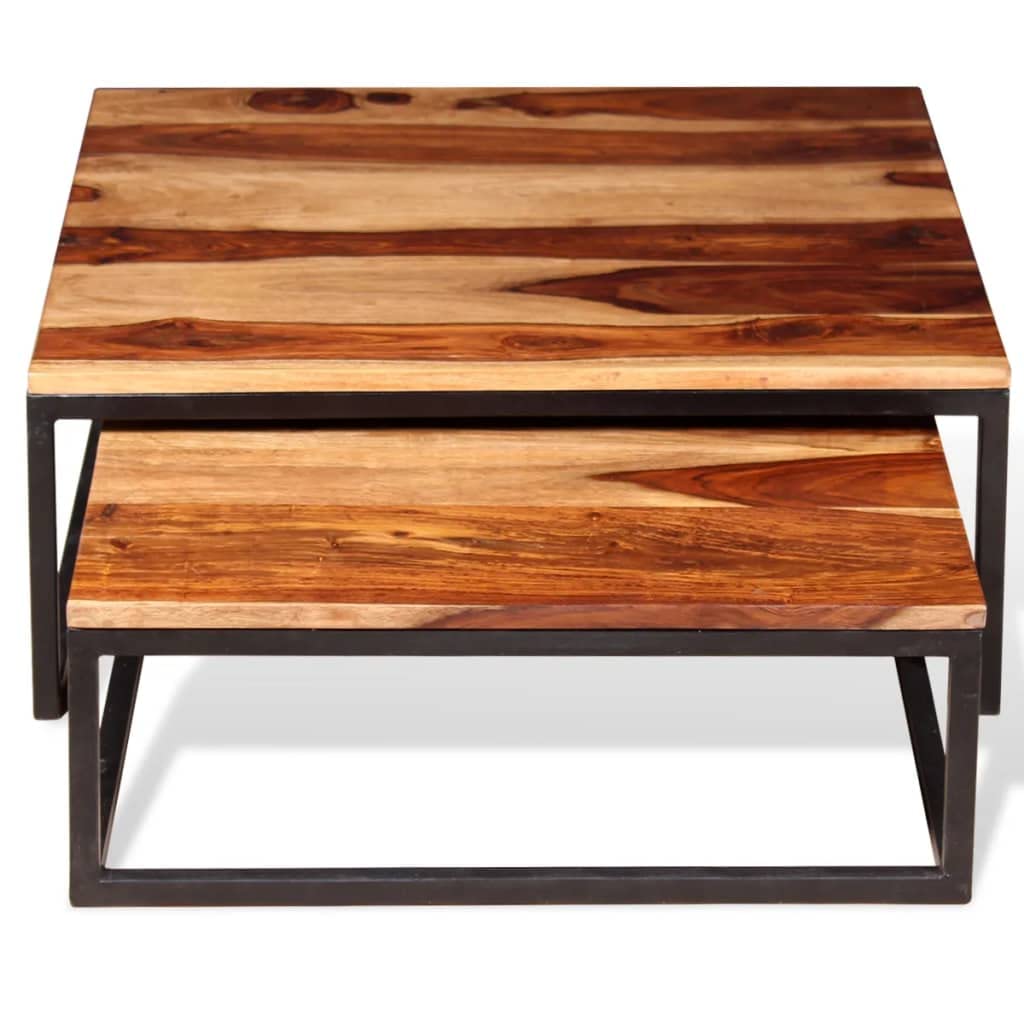 Solid Sheesham Wood Nesting Coffee Table Set with Metal Frame Y7854