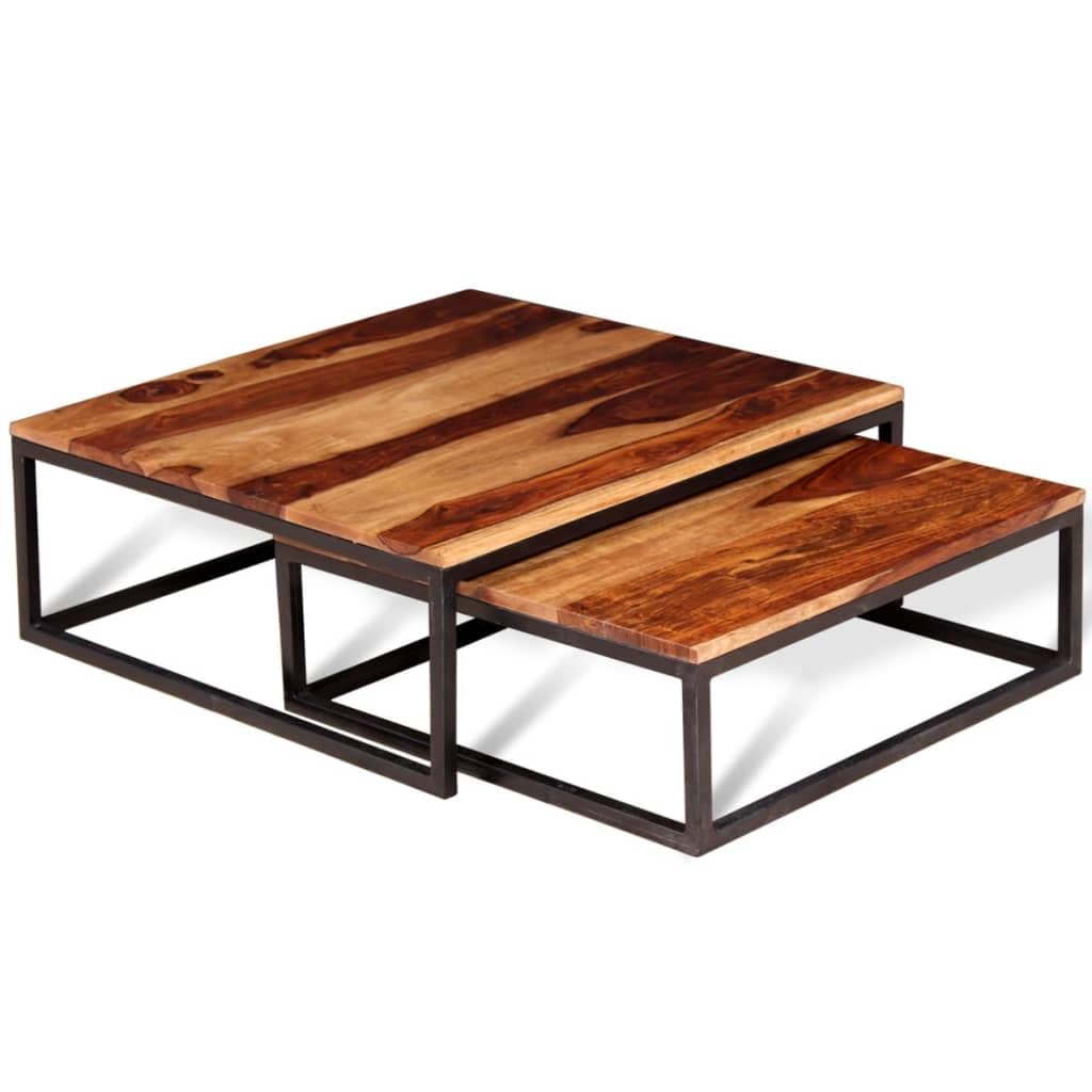 Solid Sheesham Wood Nesting Coffee Table Set with Metal Frame Y7854