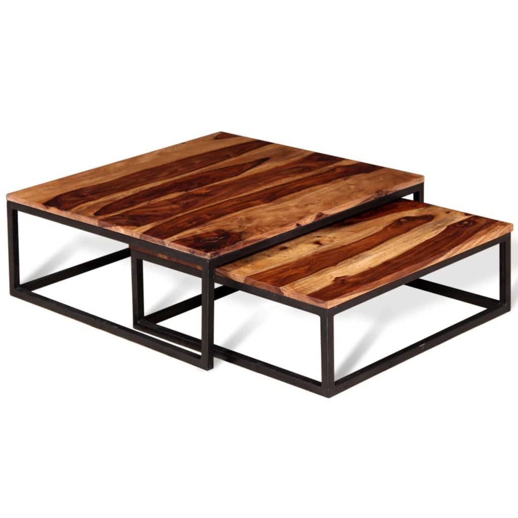 Solid Sheesham Wood Nesting Coffee Table Set with Metal Frame Y7854