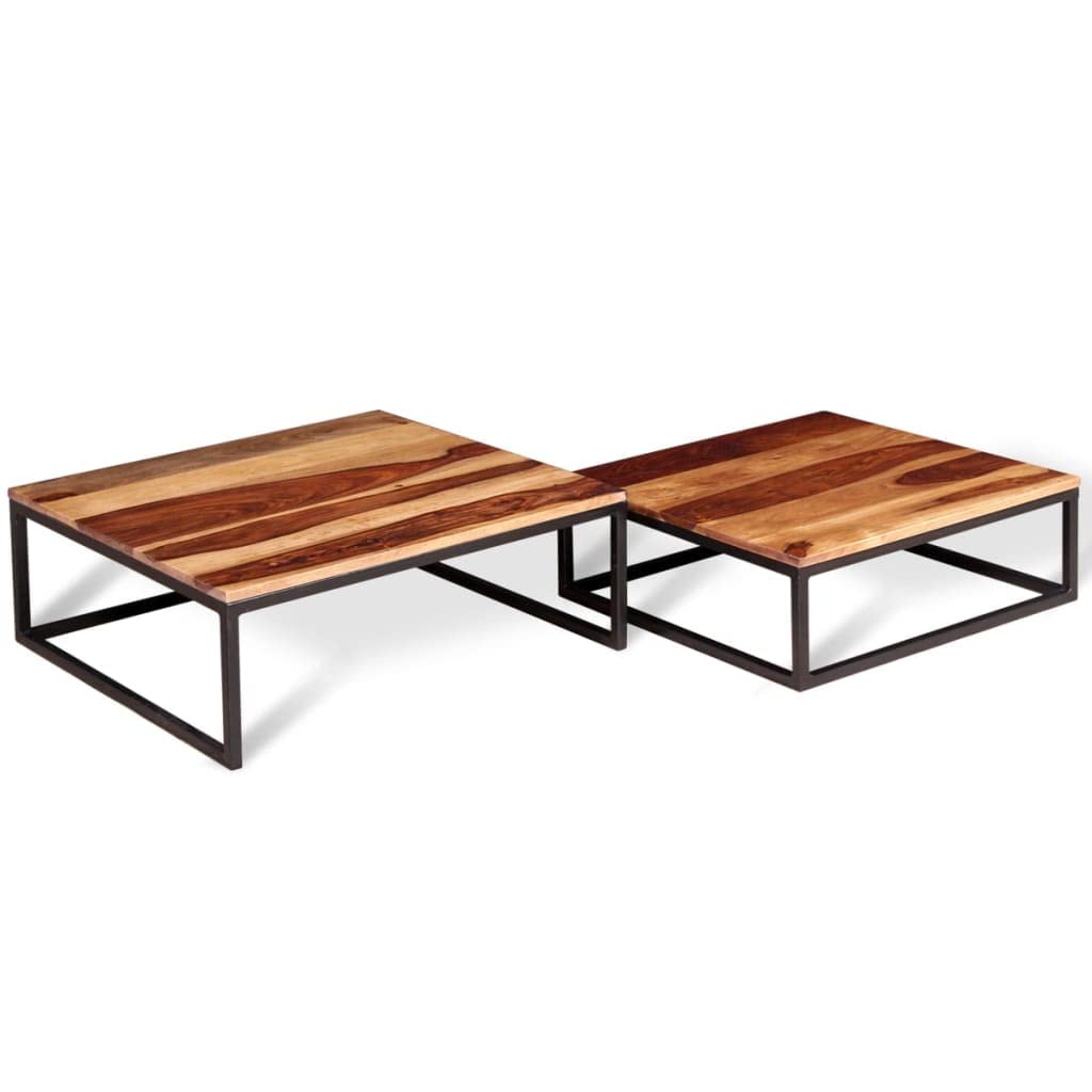 Solid Sheesham Wood Nesting Coffee Table Set with Metal Frame Y7854