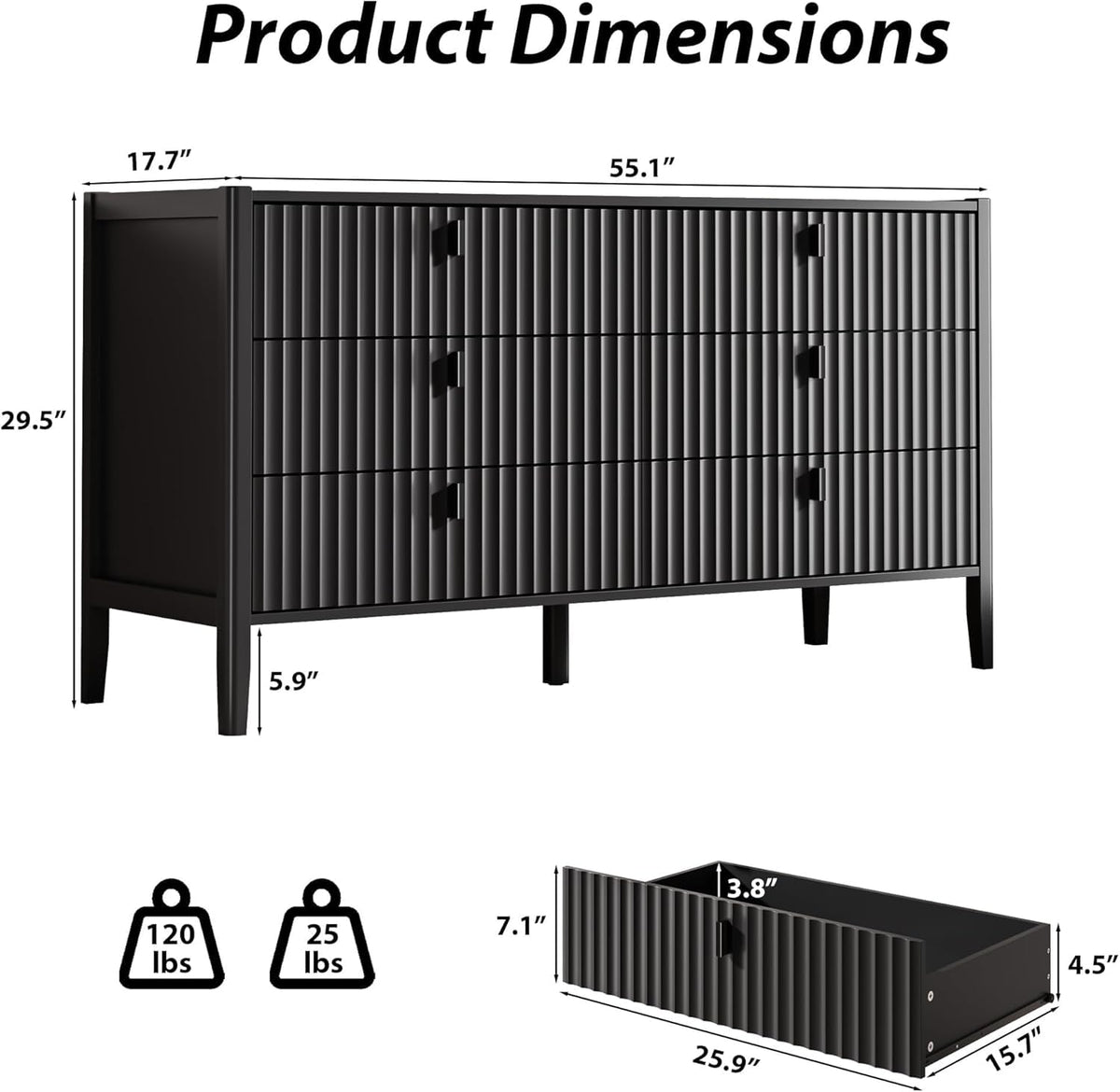 Black 6 Drawer Wood Dresser X10476
