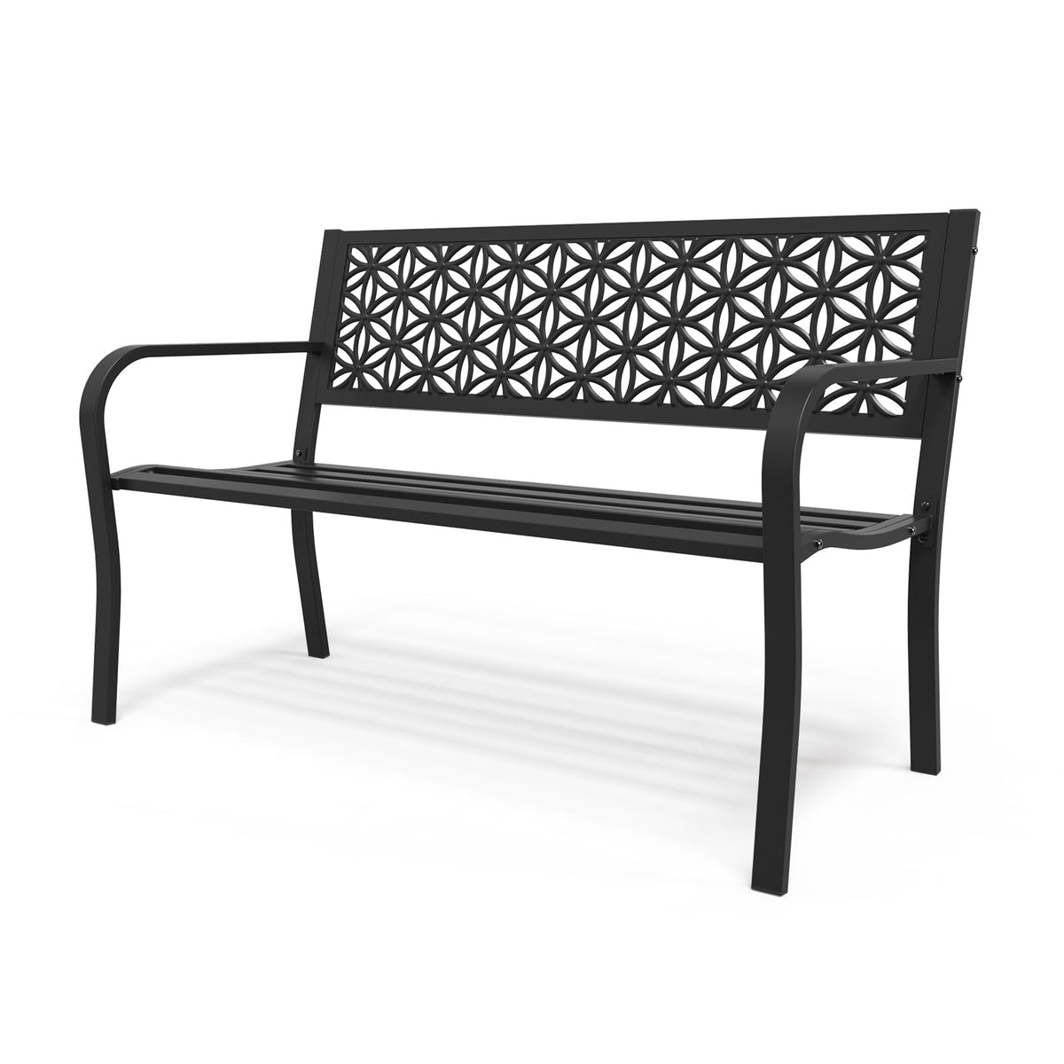 50" Black Metal Outdoor Bench with Floral Back F69148