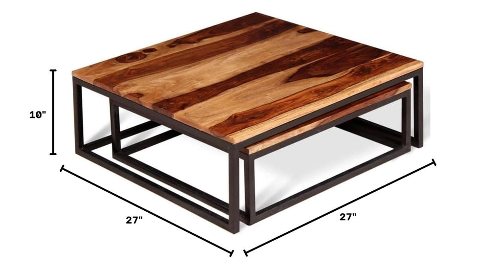 Solid Sheesham Wood Nesting Coffee Table Set with Metal Frame Y7854