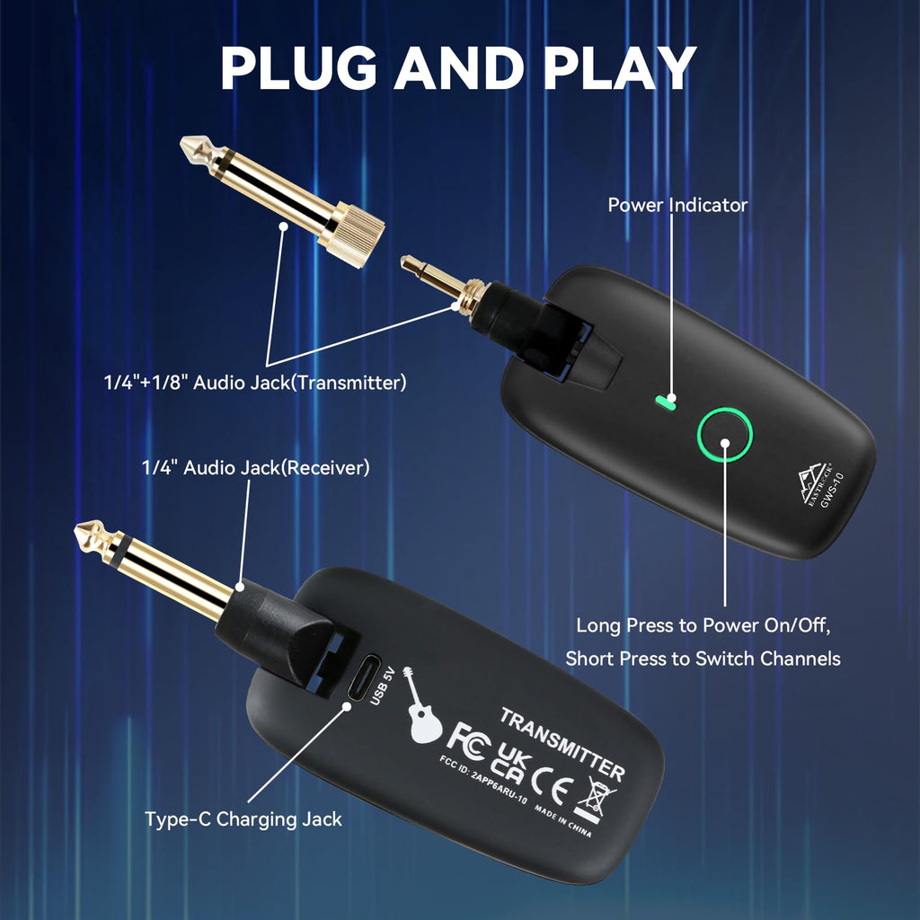 Wireless Guitar System Transmitter Receiver 7-Channel Rechargeable Black W3238