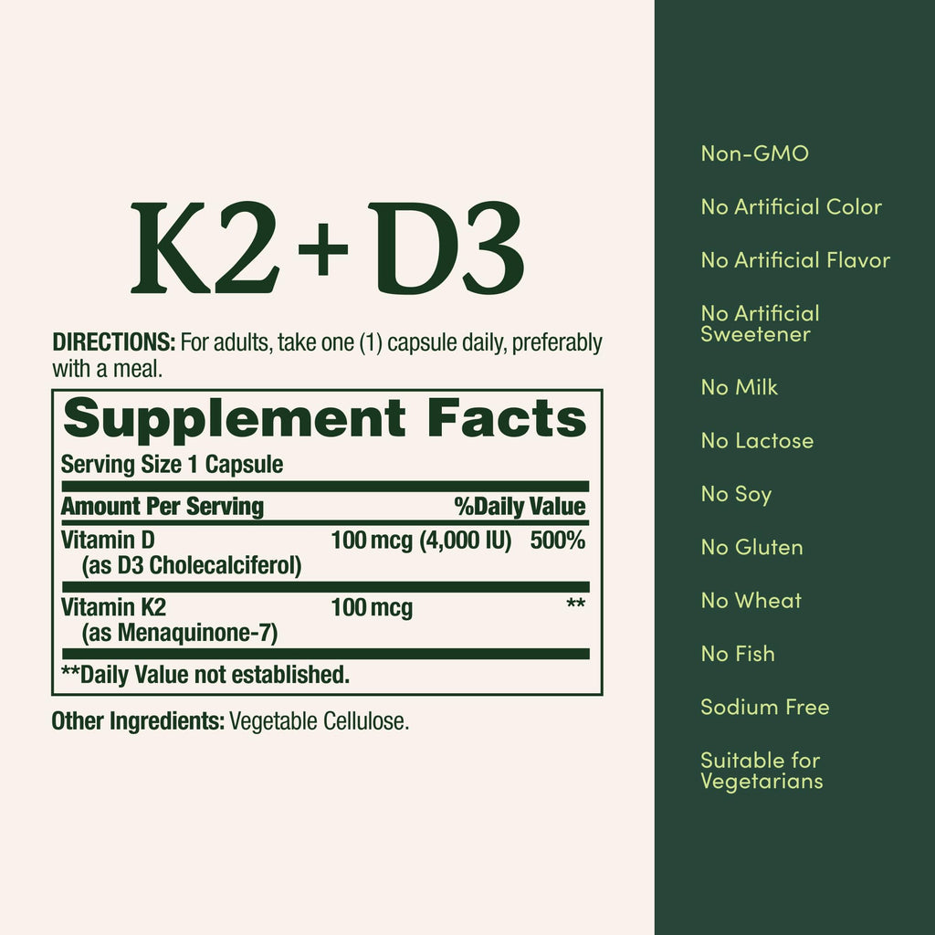 Vitamin D3 K2 Supplement 4000 IU 100 mcg 30 Vegetarian Capsules U832