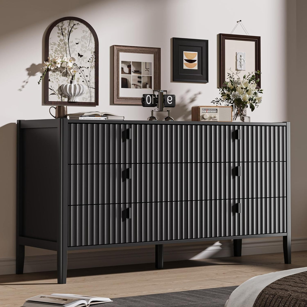 Black 6 Drawer Wood Dresser X10476