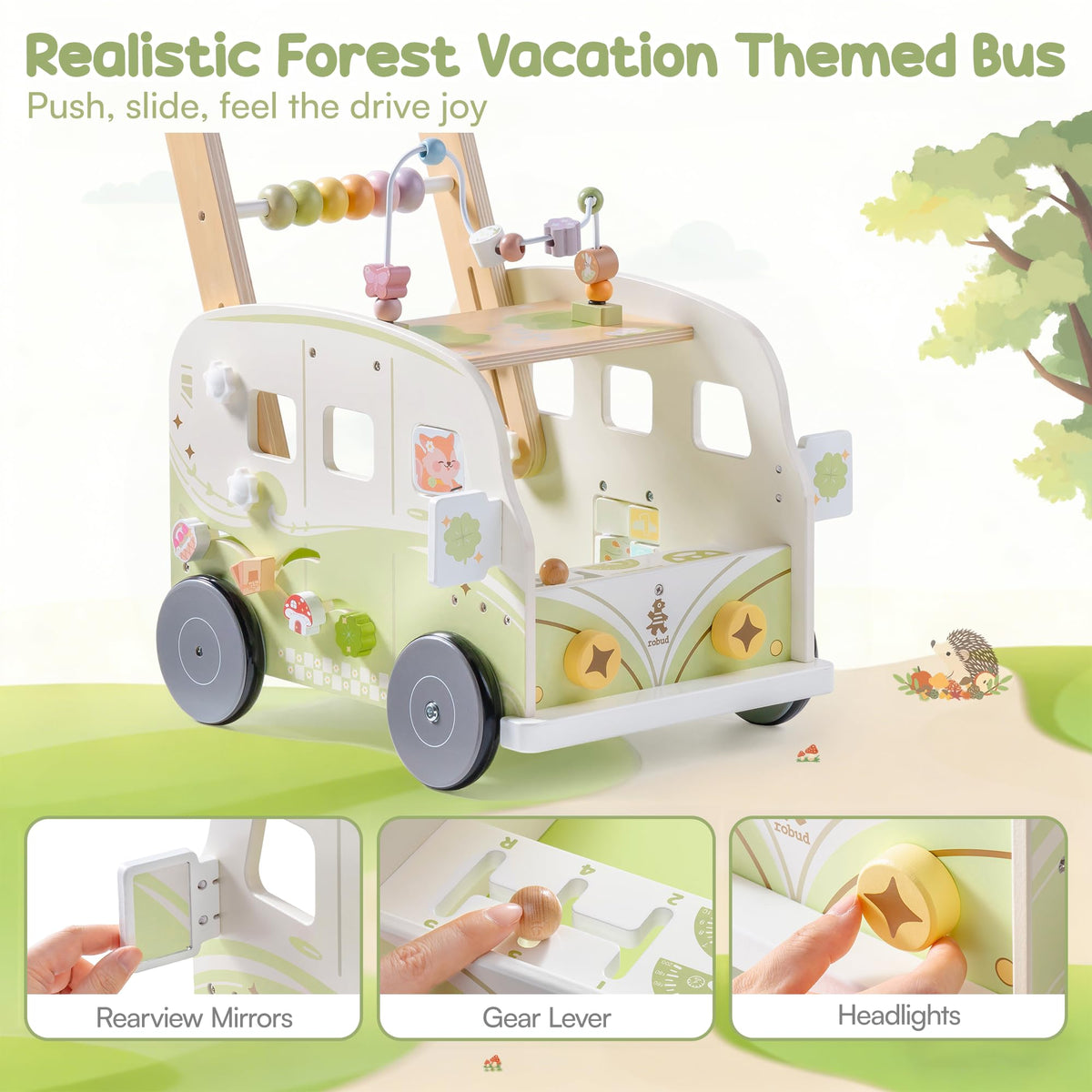 Wooden Adjustable Baby Push Walker with Anti-Slip Wheels G130