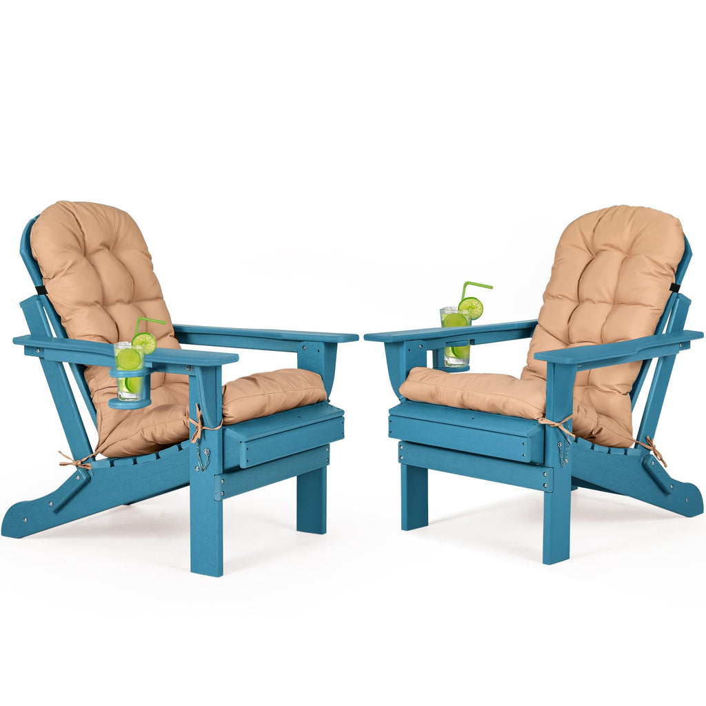 Folding Adirondack Chairs Set of 2 with Cushion, Blue HDPE Plastic Oversized Patio Chair N14958