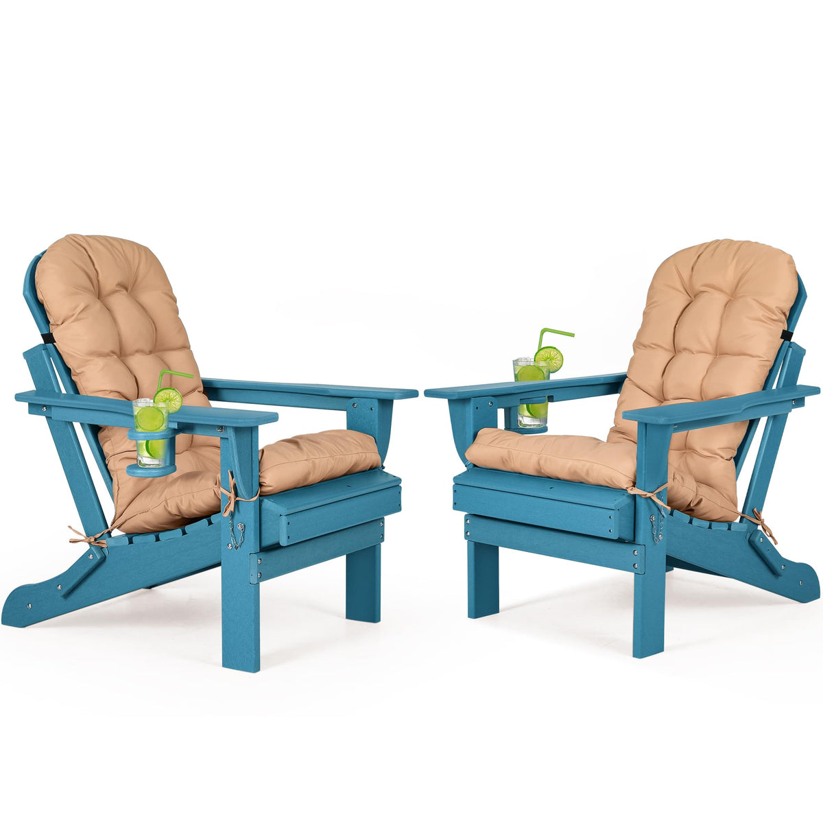 Folding Adirondack Chairs Set of 2 with Cushion, Blue HDPE Plastic Oversized Patio Chair N14958
