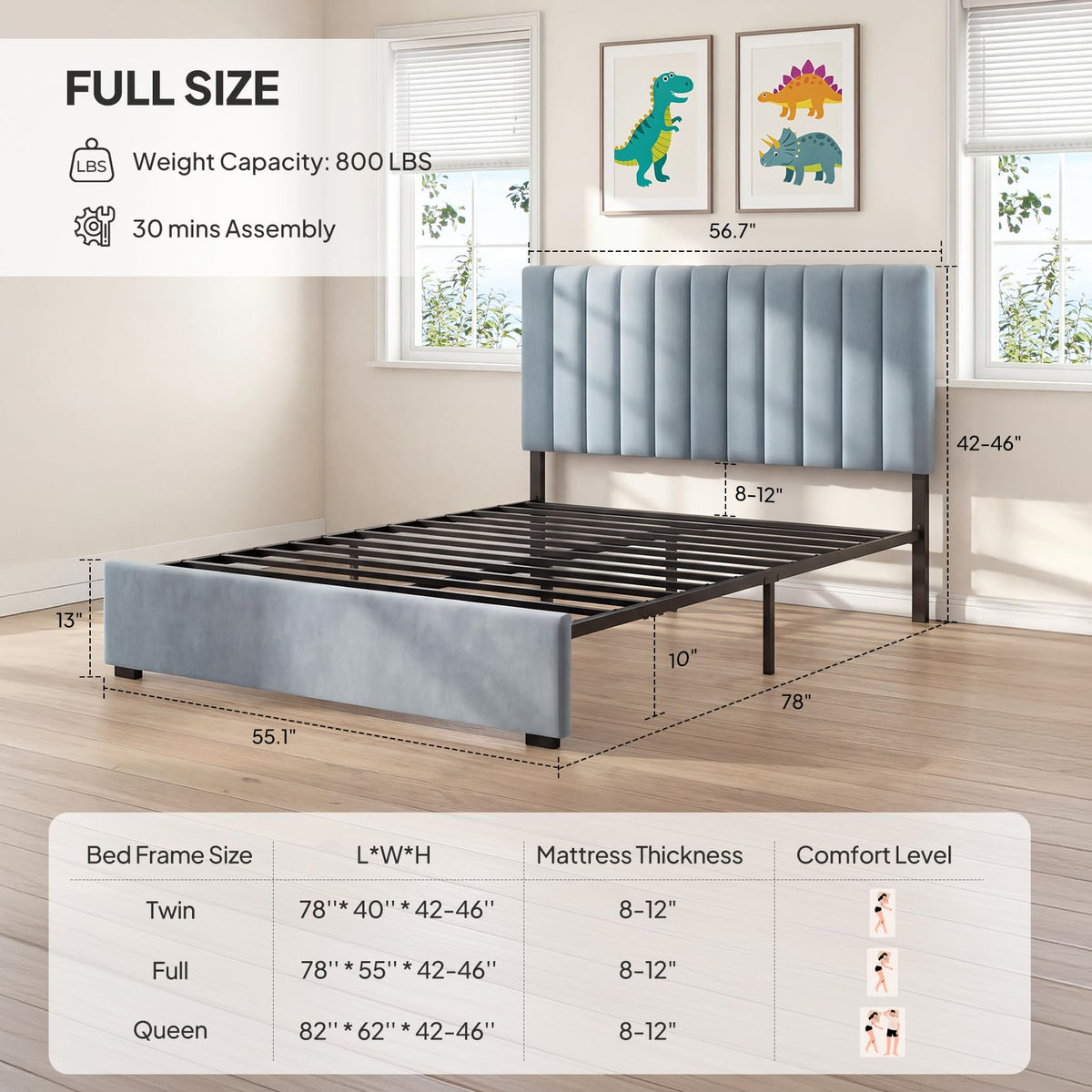 Full Size Blue Velvet Upholstered Bed Frame V49703