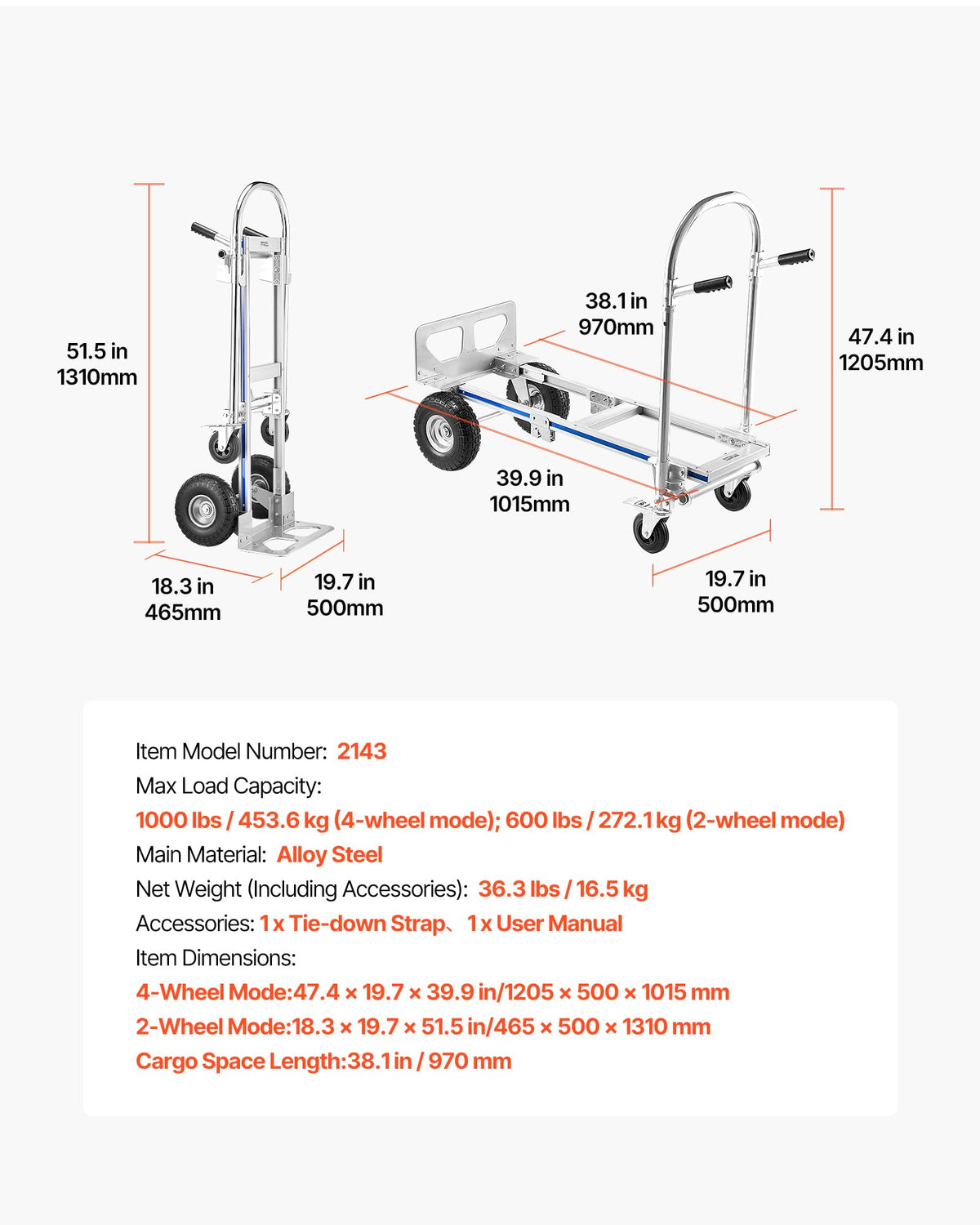 2 in 1 Convertible Hand Truck Dolly 1000 lbs F7879