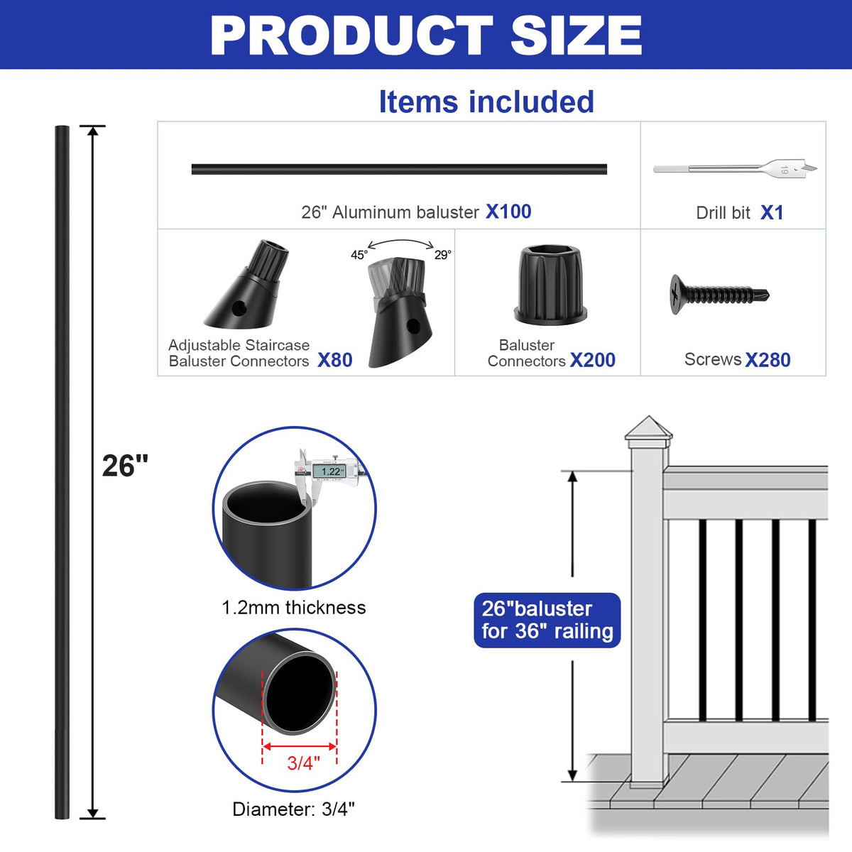 100 Pack 26" Round Black Aluminum Deck Balusters T77028