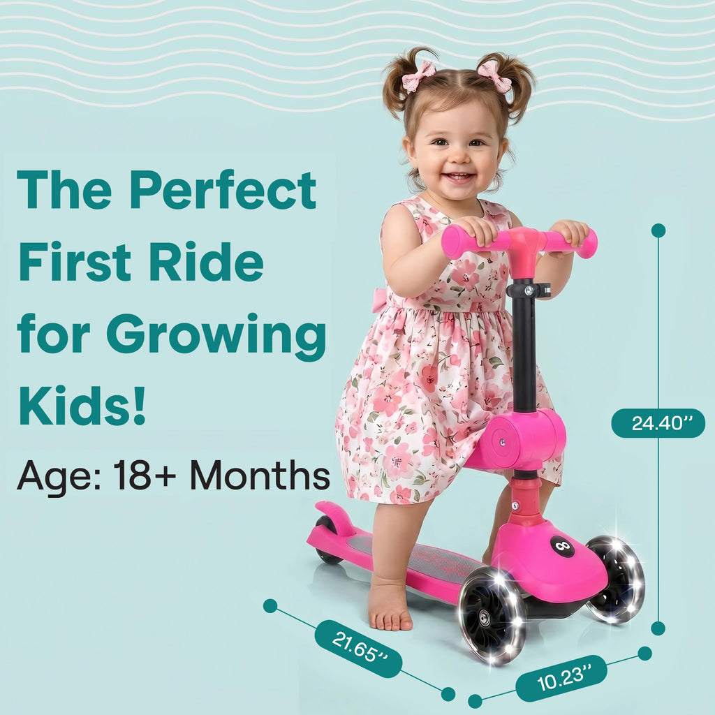 3 Wheel Scooter for Toddlers & Kids, Foldable Seat, LED Wheels, Adjustable Handlebar, Anti-Slip Deck, Rear Foot Brake, Lean-to-Steer, Pink B634