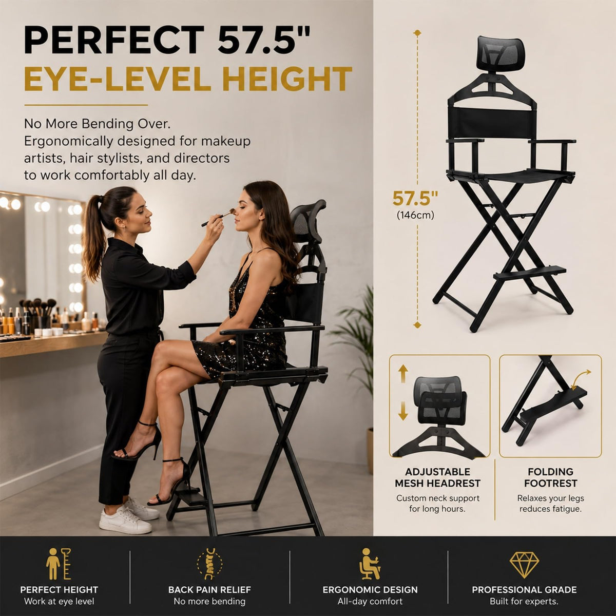 Gold Extra Tall Foldable Makeup Chair N23938