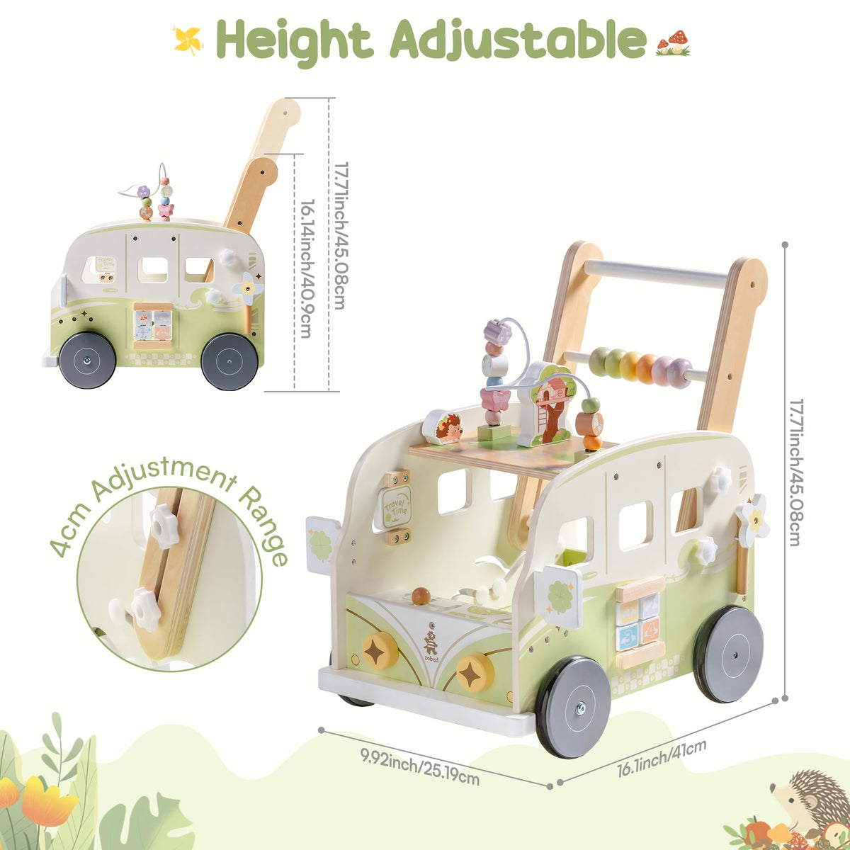 Wooden Adjustable Baby Push Walker with Anti-Slip Wheels G130