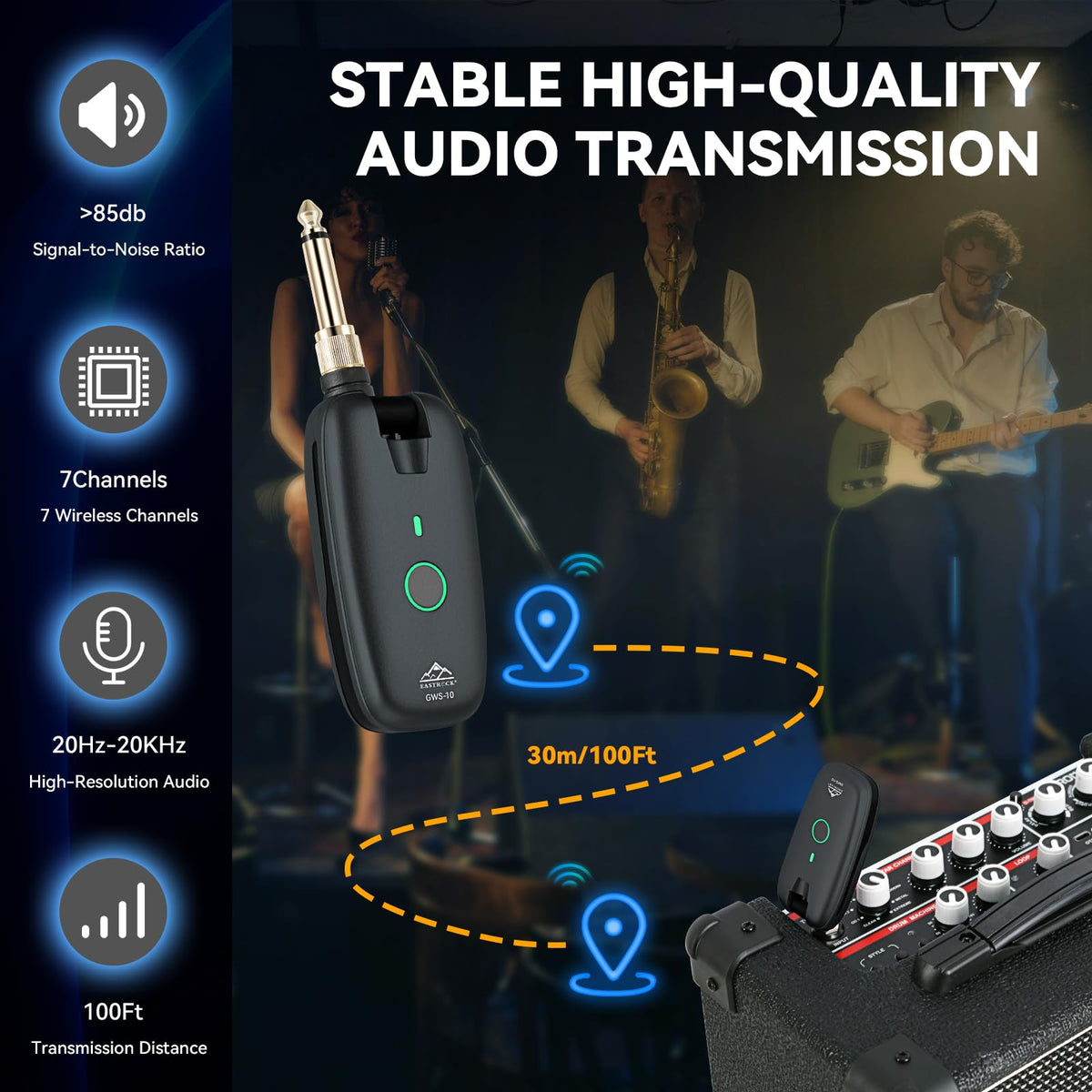 Wireless Guitar System Transmitter Receiver 7-Channel Rechargeable Black W3238