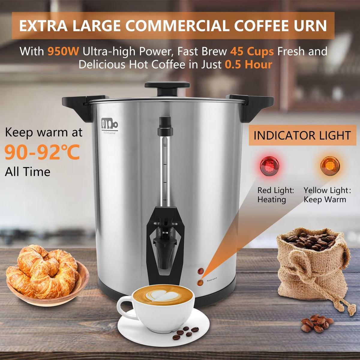 45 Cup 8L Commercial Coffee Urn 950W Hot Beverage Dispenser with Double Faucet L380