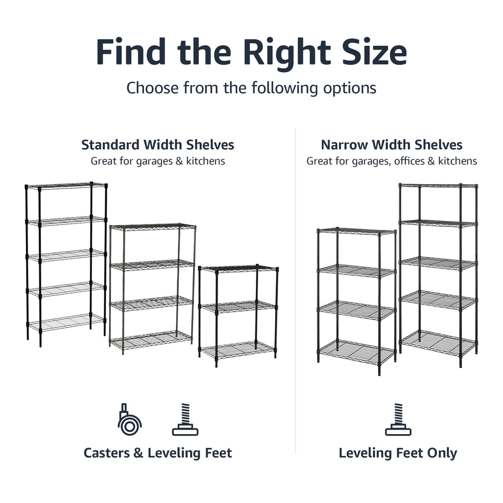 5-Shelf Heavy Duty Adjustable Metal Wire Shelving Storage Rack with Wheel Casters, Black D7951