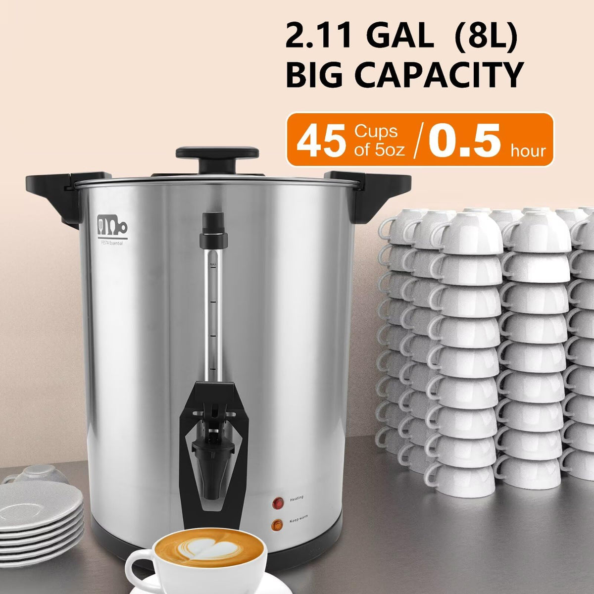 45 Cup 8L Commercial Coffee Urn 950W Hot Beverage Dispenser with Double Faucet L380
