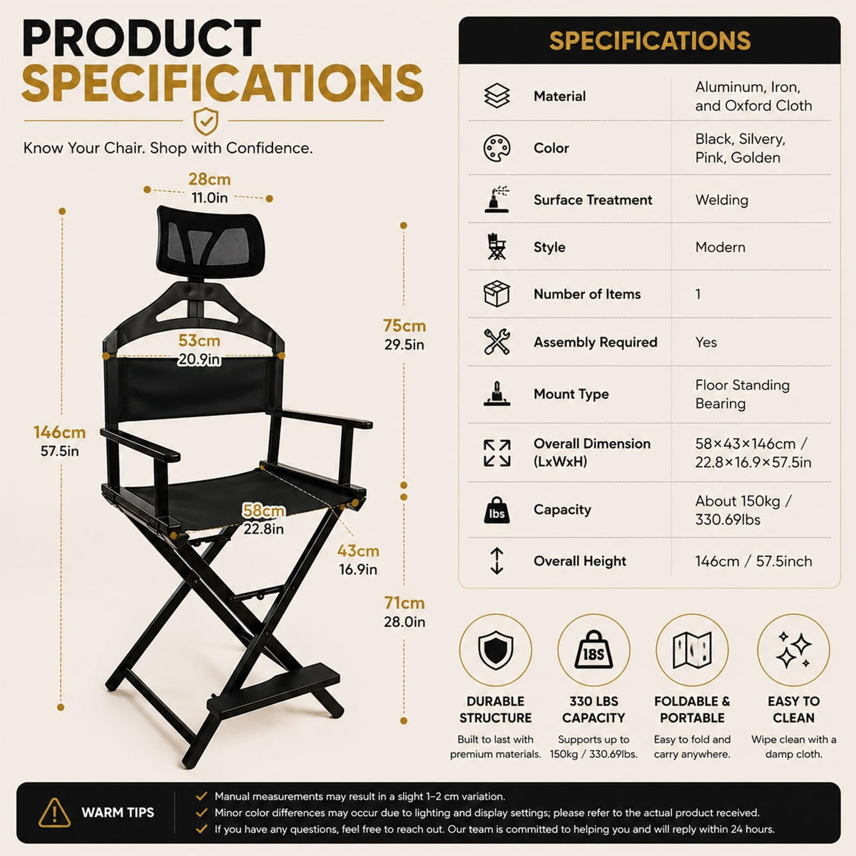 Gold Extra Tall Foldable Makeup Chair N23938