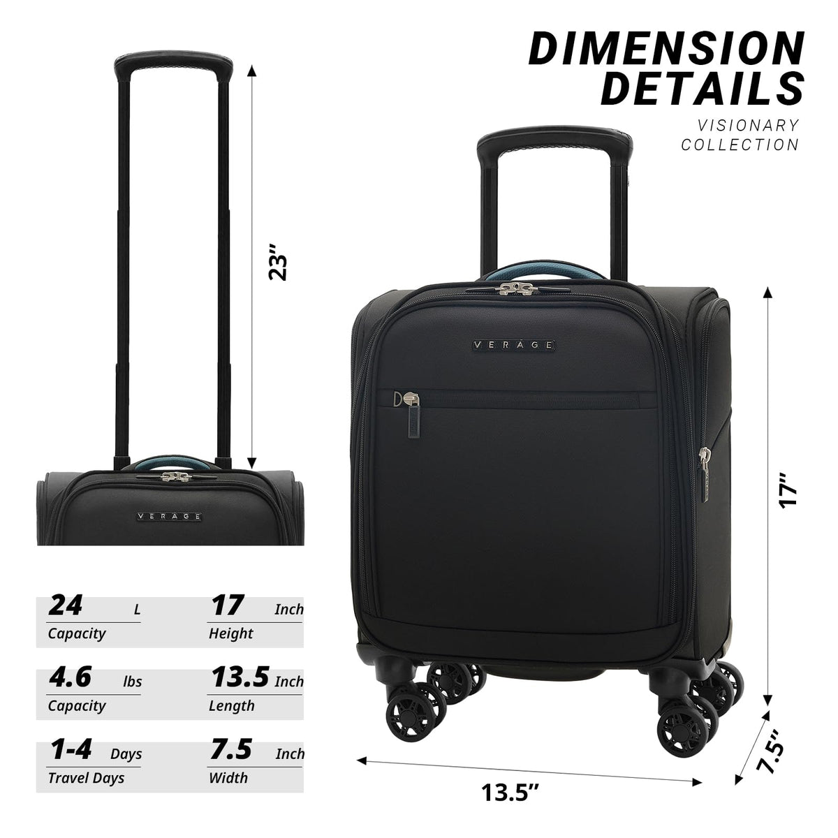 14 inch Black Softside Underseat Carry On Luggage with Wheels M81054