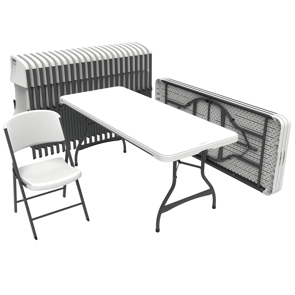 6 Ft Rectangular 4 Folding Tables and 24 Chairs Set White Granite O218077