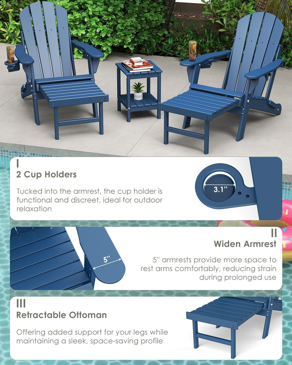 Adjustable Adirondack Chairs with Ottoman Set of 2 Blue M5940