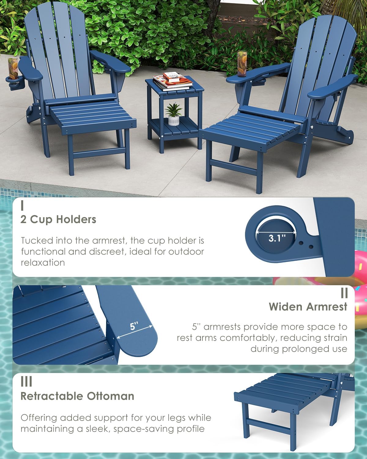 Adjustable Adirondack Chairs with Ottoman Set of 2 Blue M5940