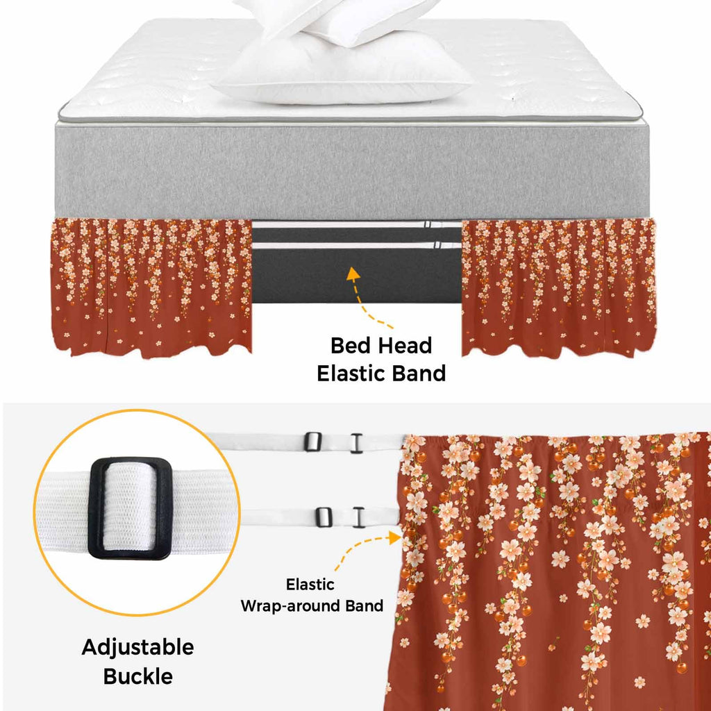 Brown Cherry Blossoms Ruffle Wrap Around Bed Skirt California King 18" Drop C89904