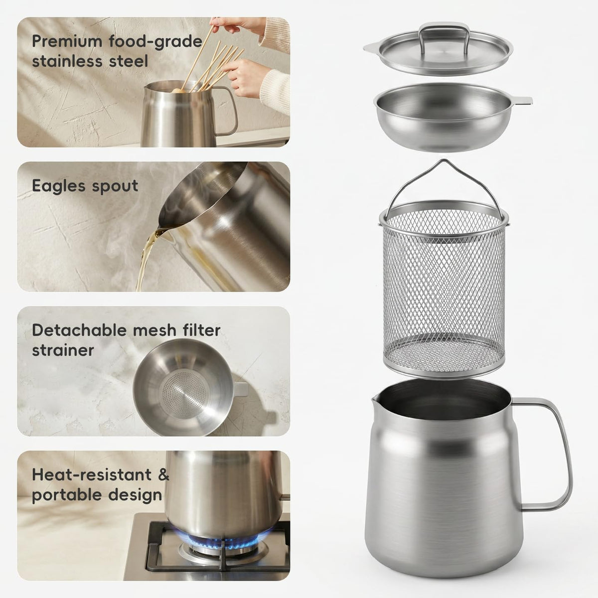 2L 304 Stainless Steel Deep Fryer Pot with Basket, Strainer & Lid H421253