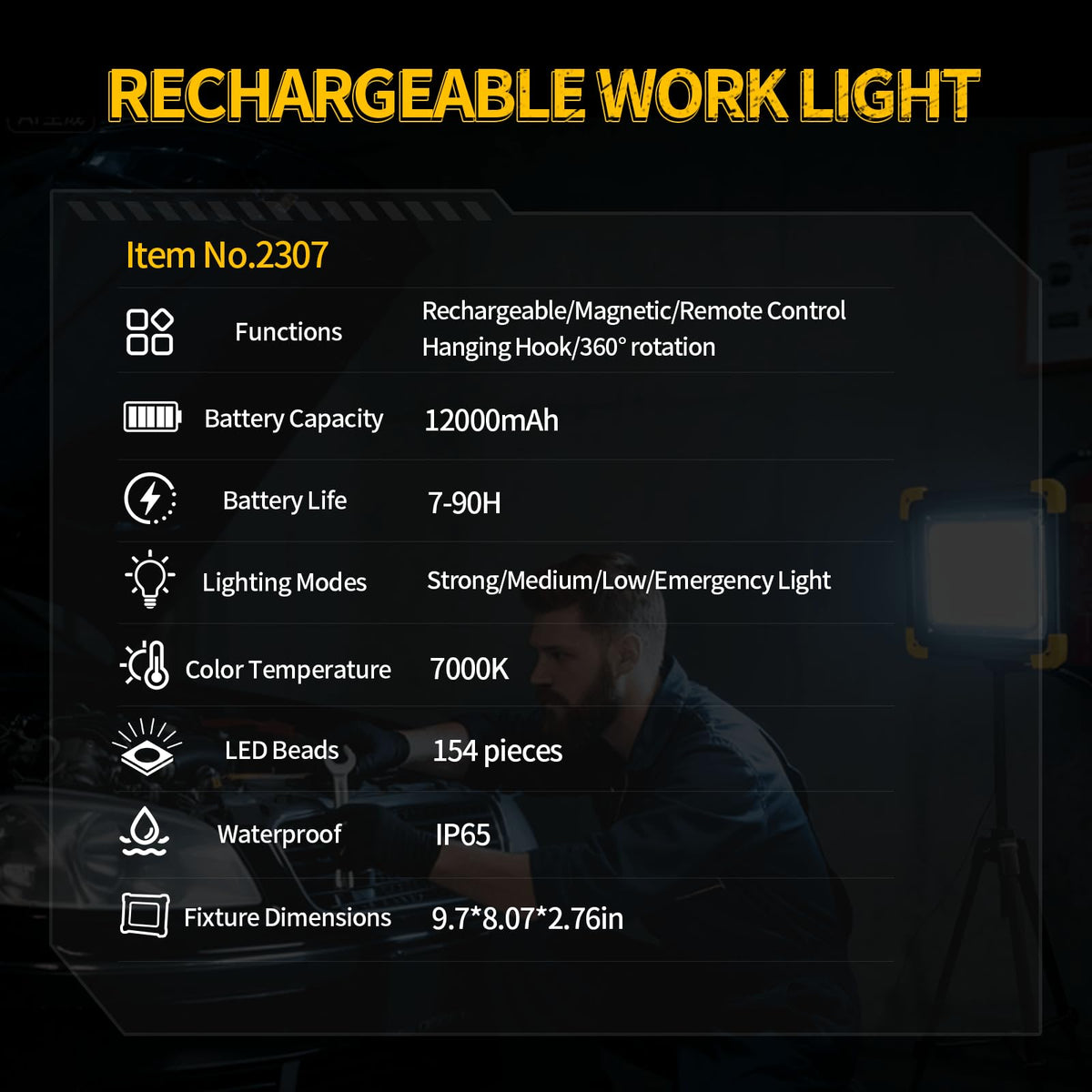 12000mAh Rechargeable Magnetic LED Work Light IP65 Waterproof 4 Modes Z585461