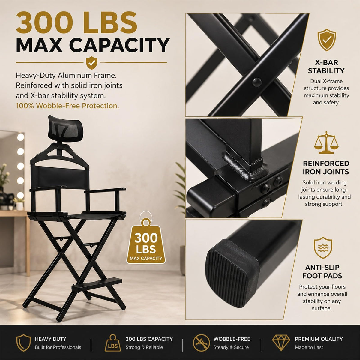 Gold Extra Tall Foldable Makeup Chair N23938