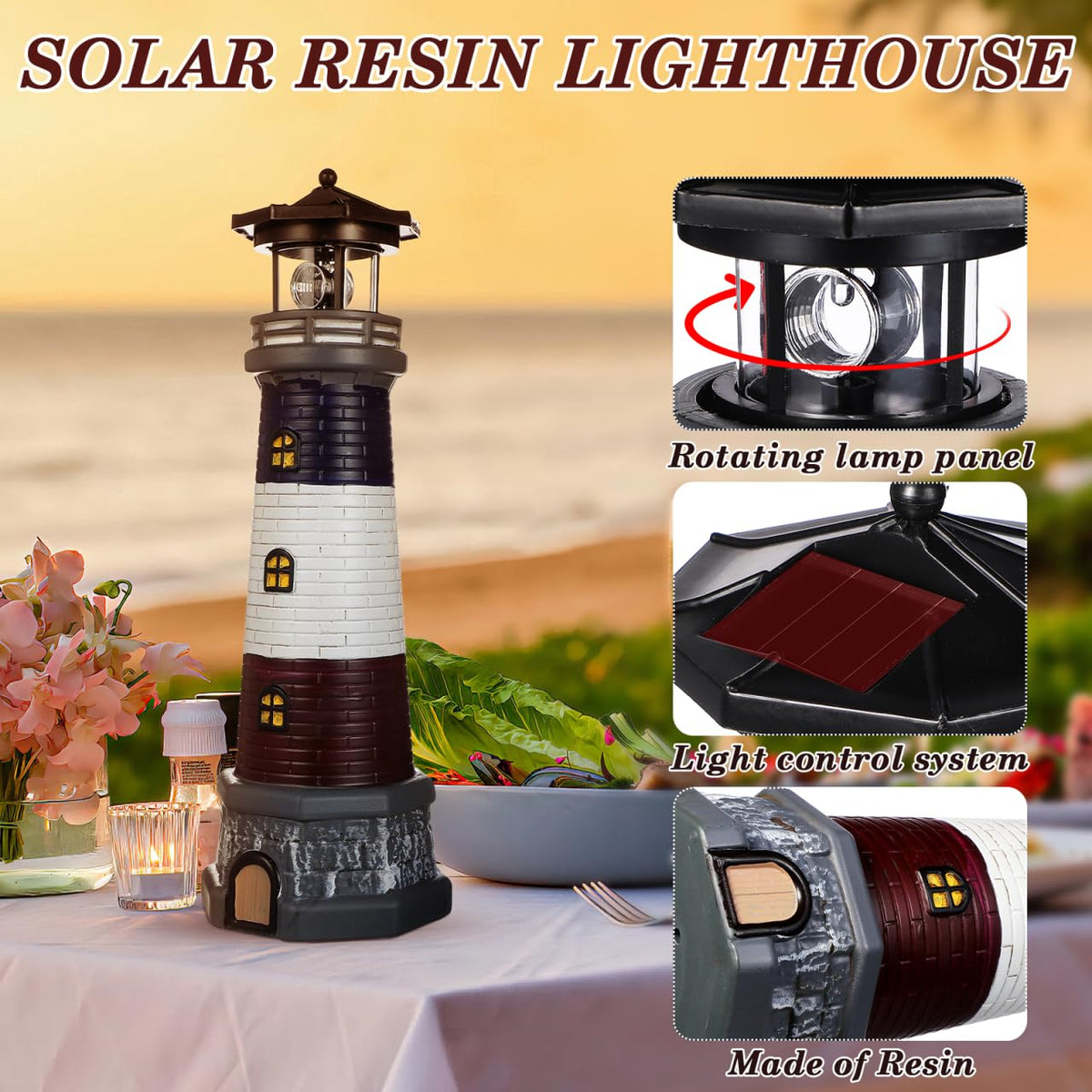 Solar Lighthouse Statue, Resin Waterproof, Black, 4.72 X 4.72 X 14.76 Inches P3110