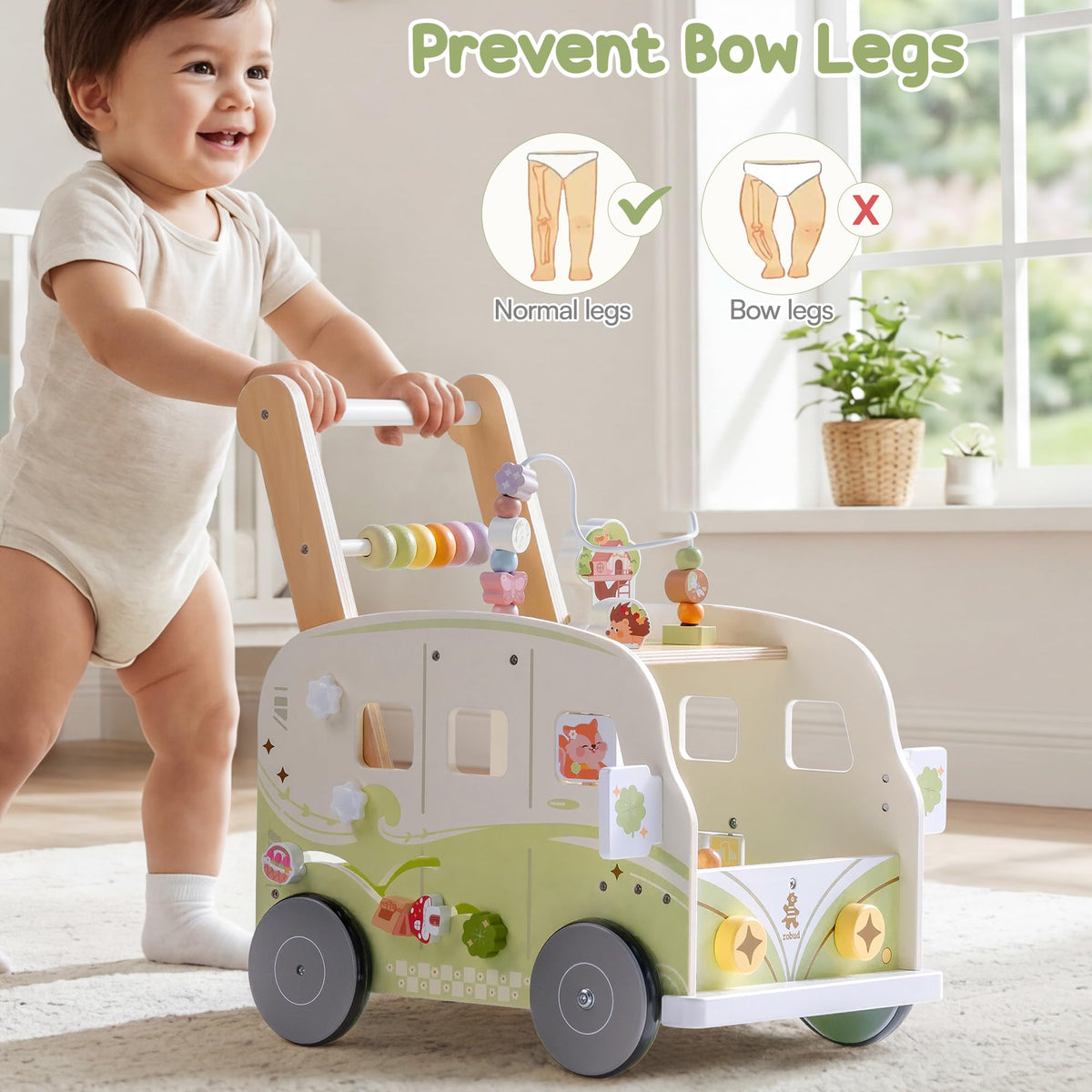 Wooden Adjustable Baby Push Walker with Anti-Slip Wheels G130