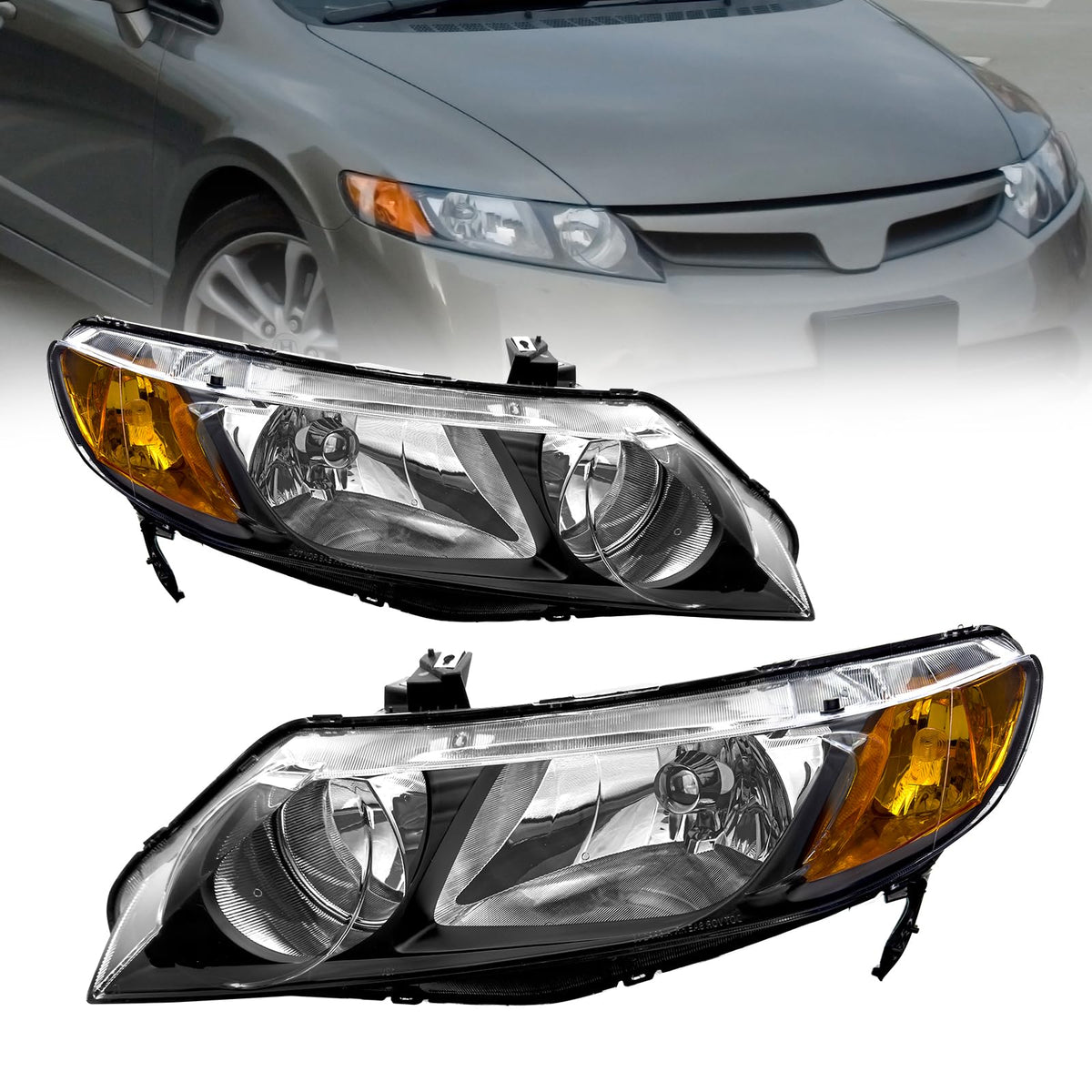 2006-2011 Honda Civic Black Clear Headlights Assembly Pair S27081