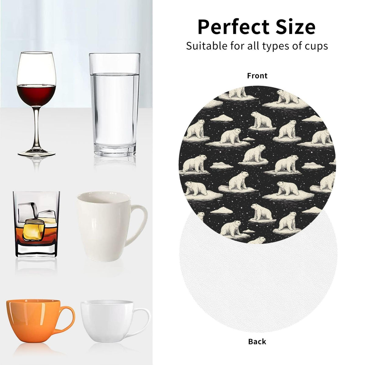 Leather Coasters Set of 4 White Bear Print Non-Slip K6747