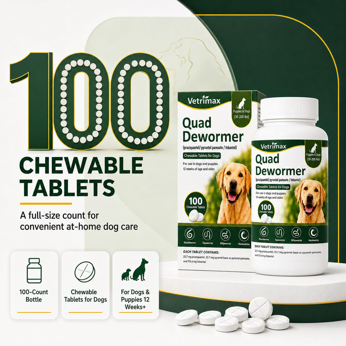 Dewormer for Dogs, 4-Way Wormer, 100 Count O14943