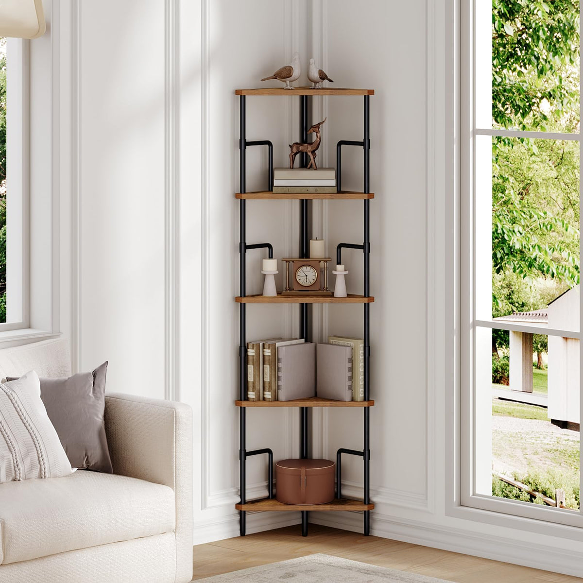 5-Tier Tall Corner Bookshelf with Metal Frame N842878