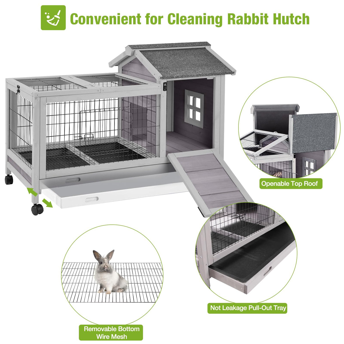 Wooden Rabbit Hutch with Removable Wire Netting and Leak Proof Tray K5037