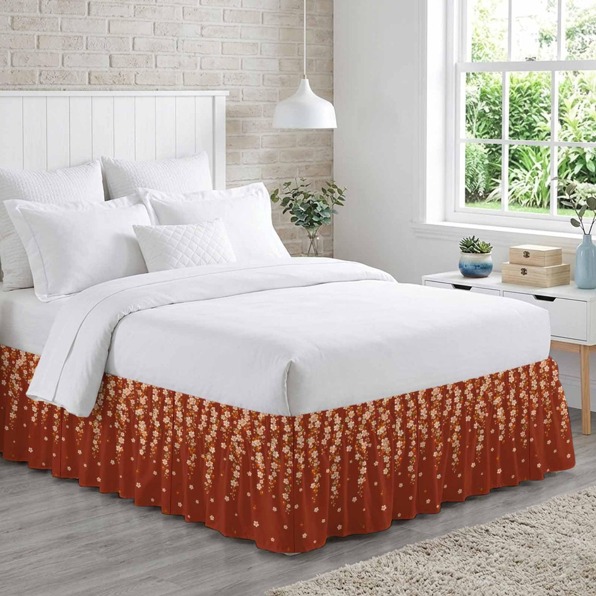 Brown Cherry Blossoms Ruffle Wrap Around Bed Skirt California King 18" Drop C89904