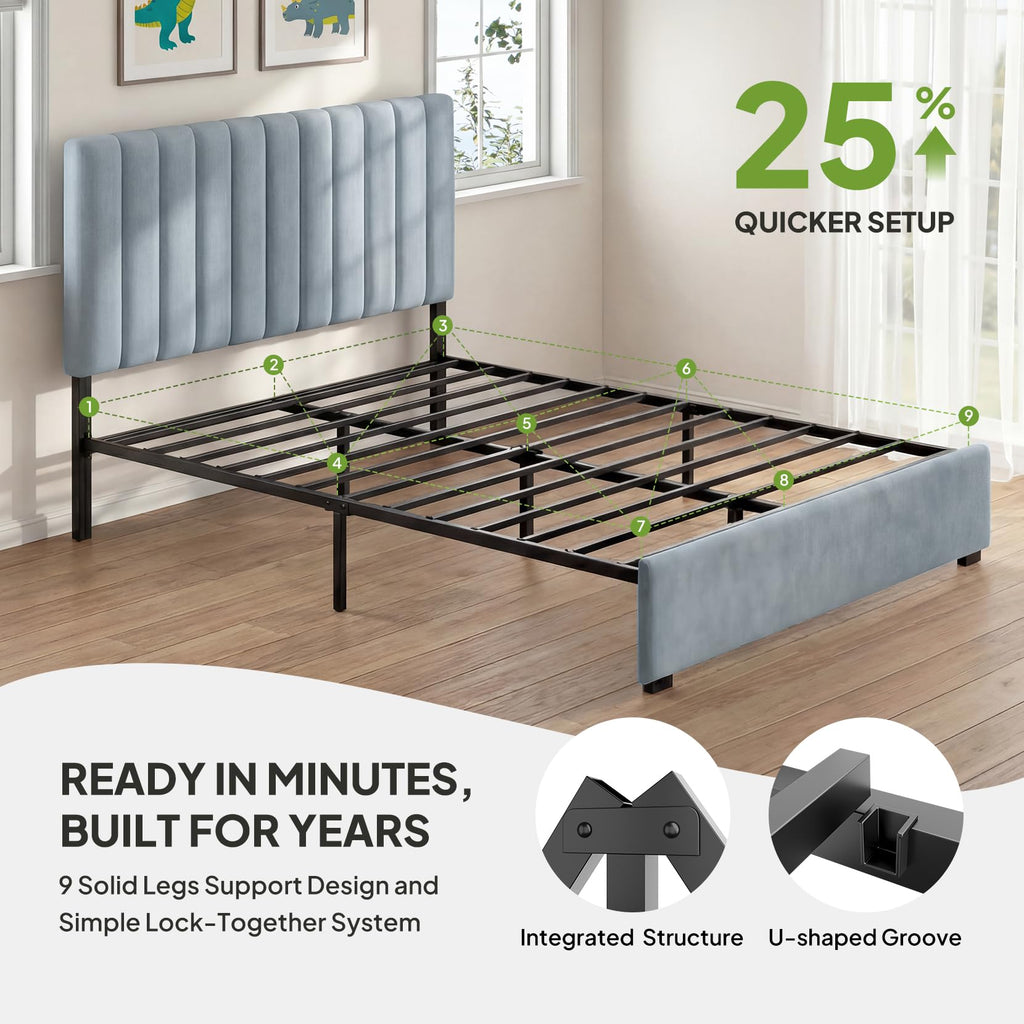 Full Size Blue Velvet Upholstered Bed Frame V49703