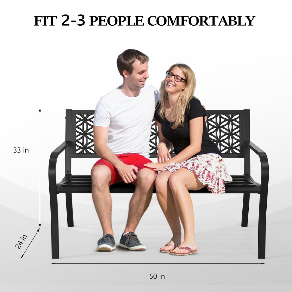 50" Black Metal Outdoor Bench with Floral Back F69148