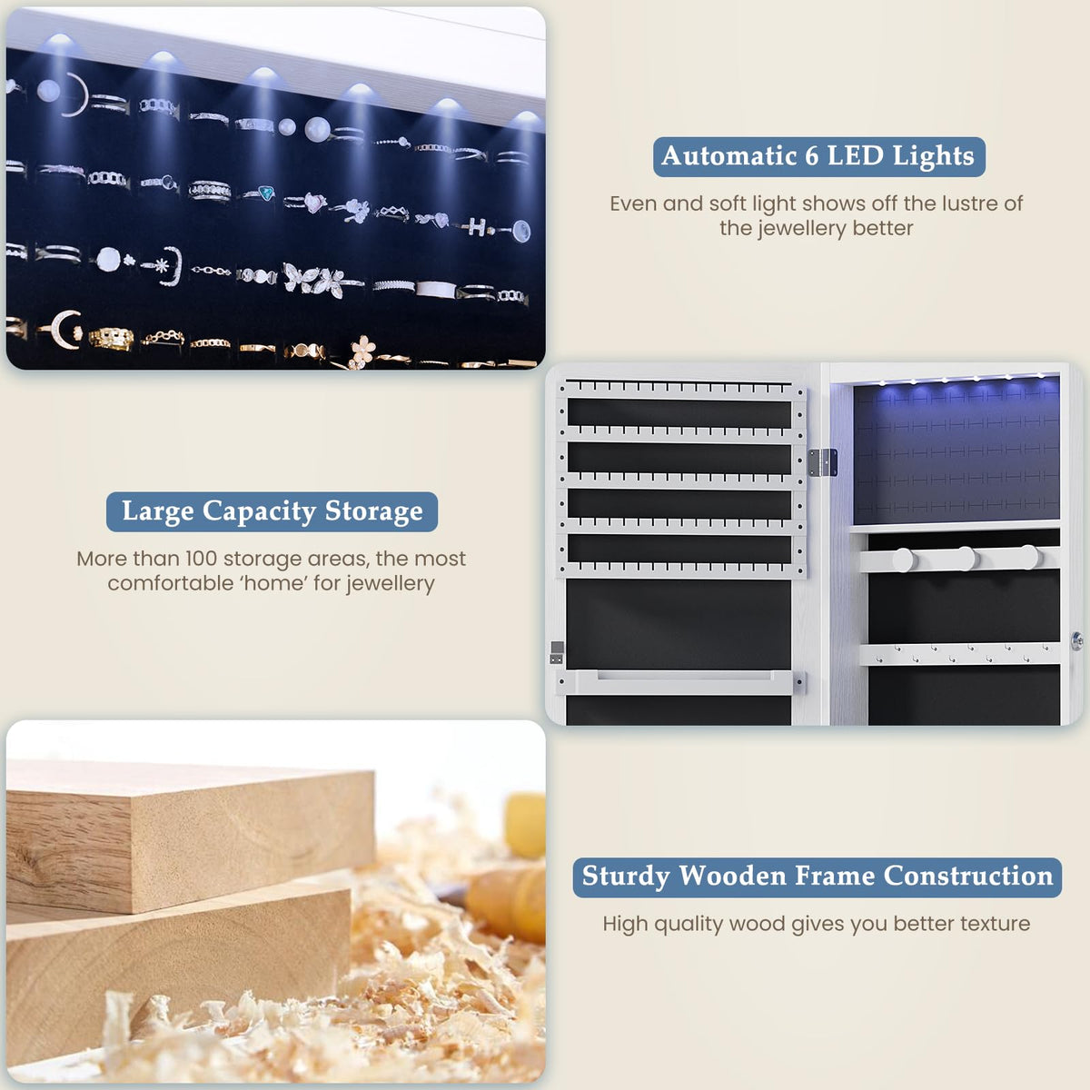 White 6 LEDs Mirror Jewelry Cabinet D109540