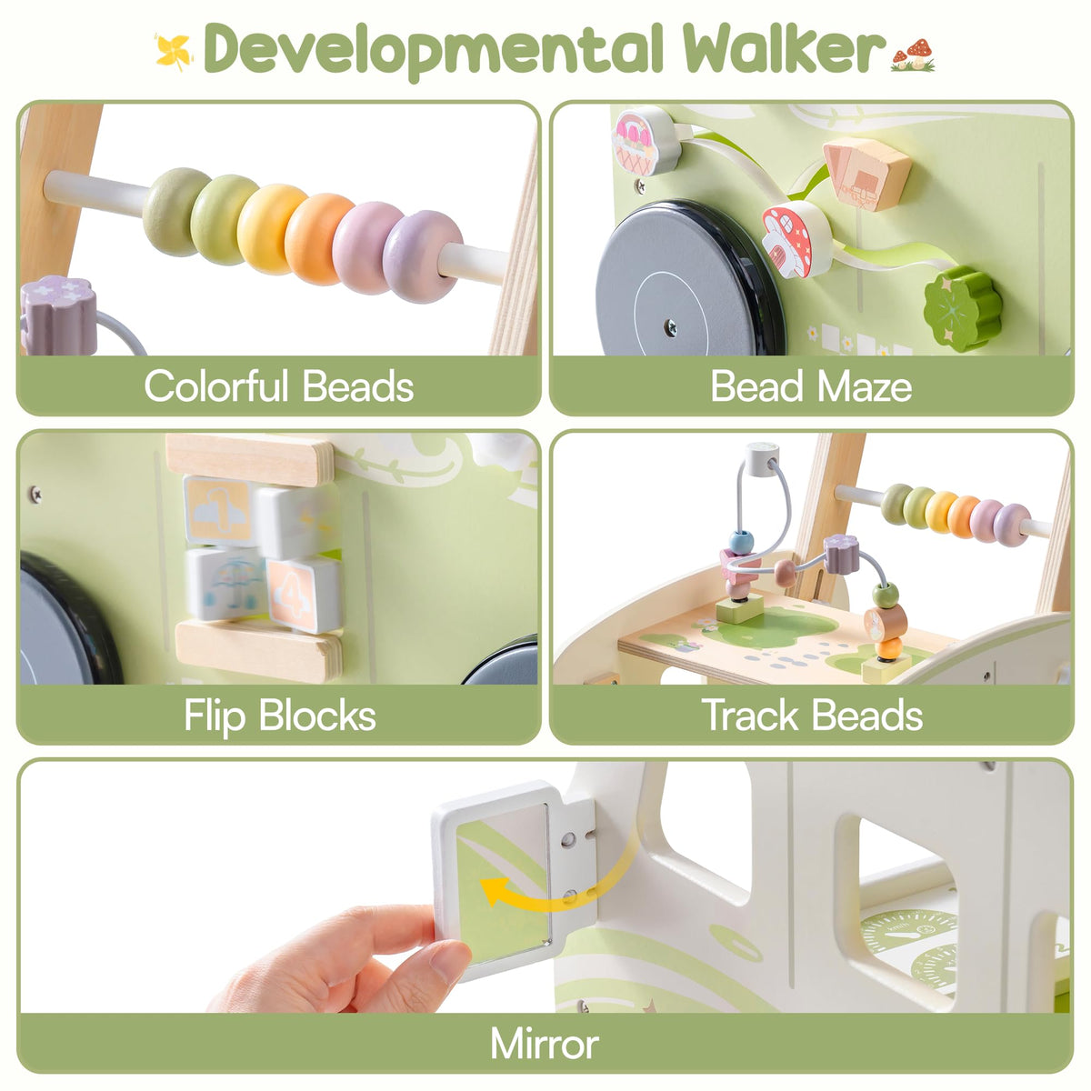 Wooden Adjustable Baby Push Walker with Anti-Slip Wheels G130