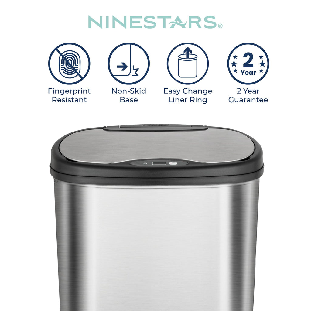 13 Gallon Oval Automatic Trash Can, 50L Touchless Motion Sensor Garbage Can with Odor-Sealing Lid & One-Touch Manual Mode, Silver Stainless Steel, Black Trim O385852