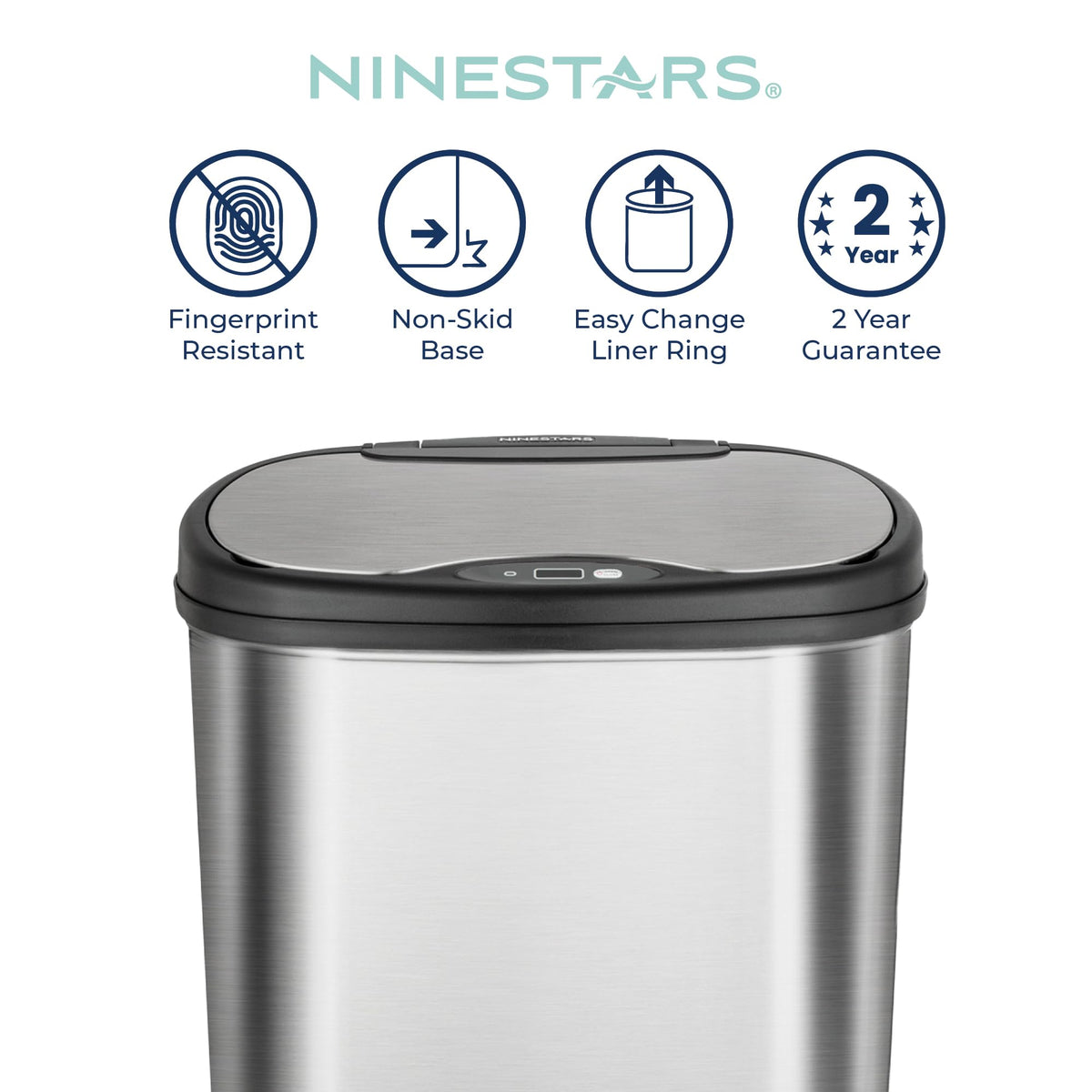 13 Gallon Oval Automatic Trash Can, 50L Touchless Motion Sensor Garbage Can with Odor-Sealing Lid & One-Touch Manual Mode, Silver Stainless Steel, Black Trim O385852