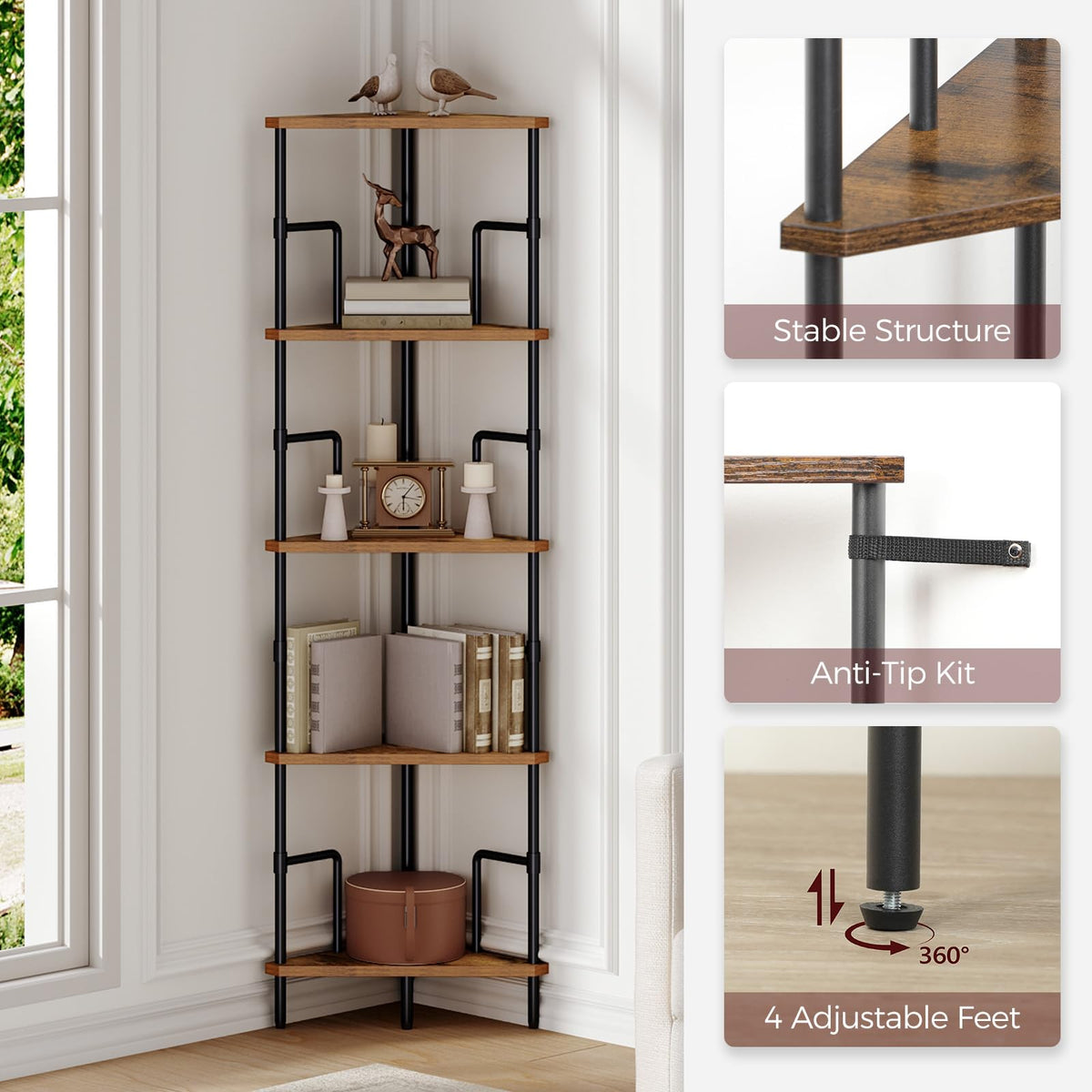 5-Tier Tall Corner Bookshelf with Metal Frame N842878